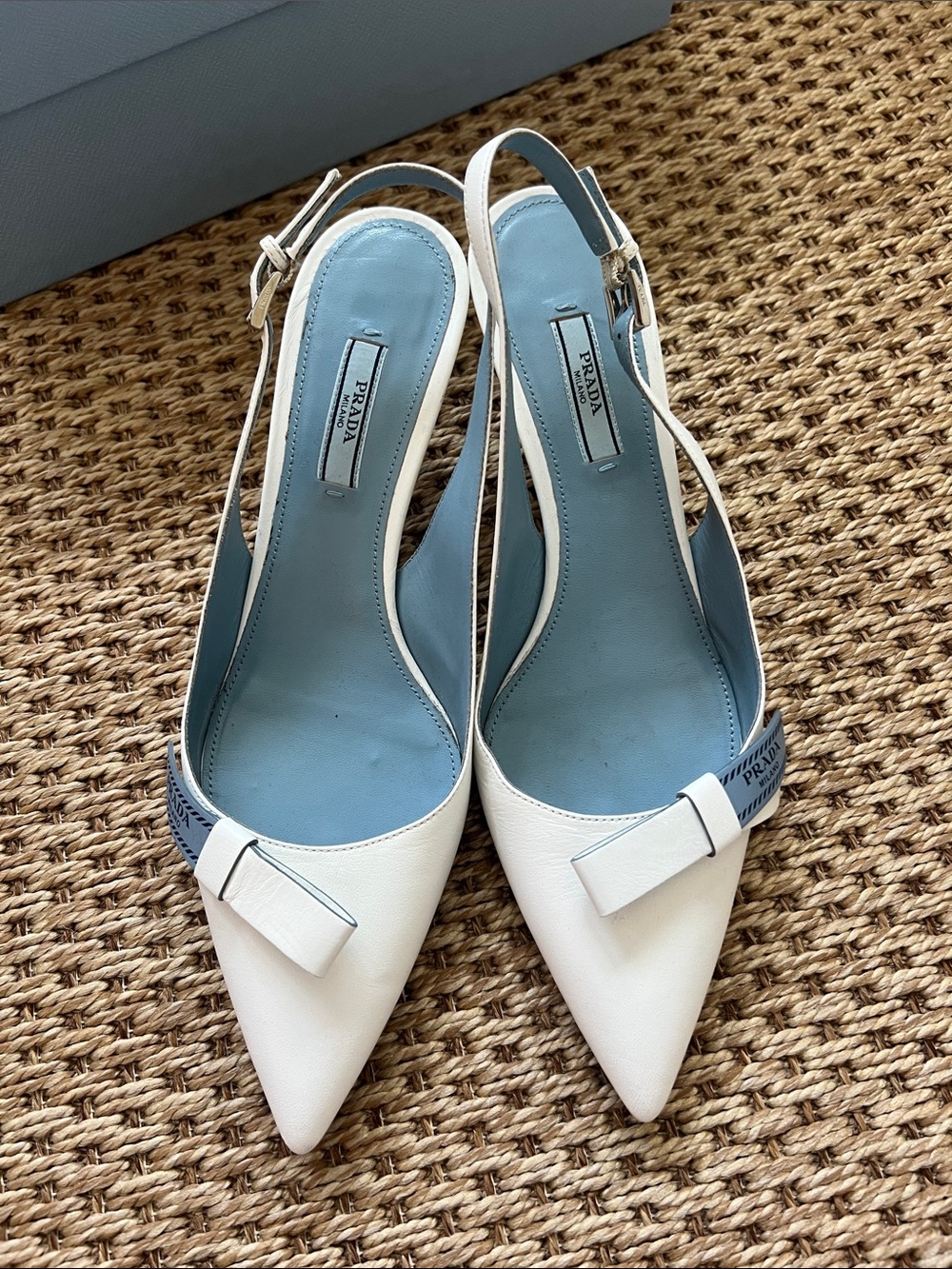 Prada White Leather Pointed Slingback Kitten Heels with Blue Prada Bow! - Picture 5 of 12